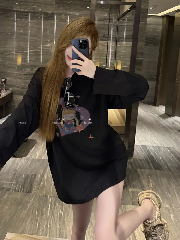 

Seoul Kit Long Sve T-irt Mid-Length Loose Base Layer Cotton Comfortable Print Casual Women's Faion Laid-ba Sle