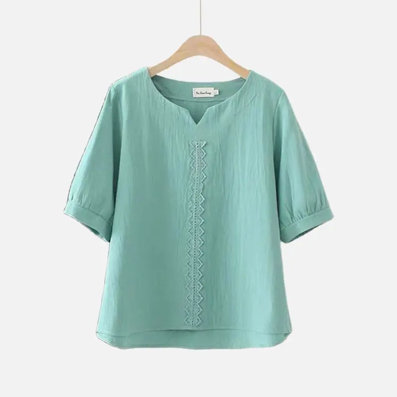 Casual Vintage Solid Color Women\'s T-shirt  Summer Fashionable Commute Short Sleeve Embroidery Patchwork Tops Female Clothin