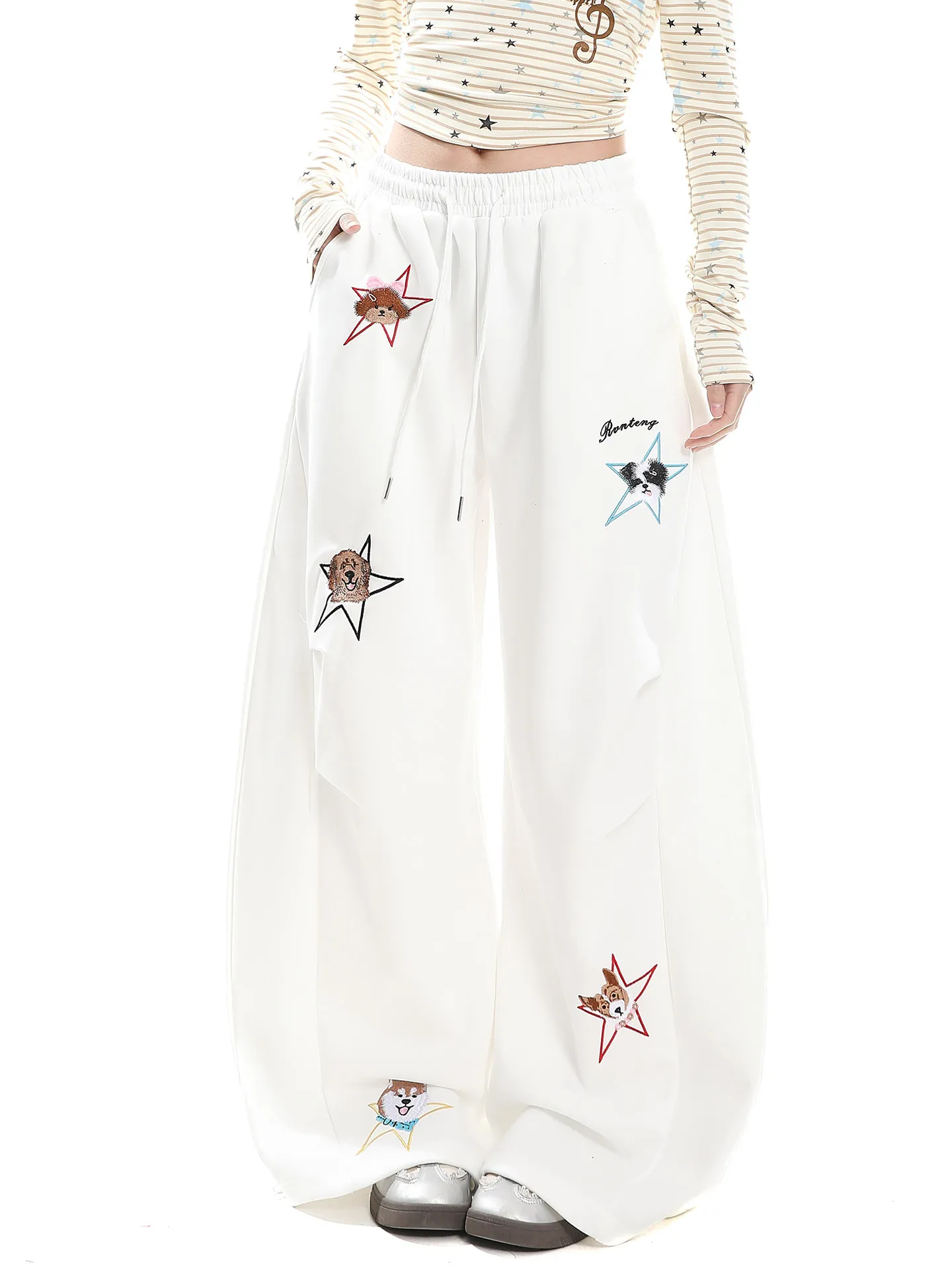 

American Cartoon Sle Embroidered Dog Wide Leg Pants Women's Loose Slimming Belted Casual Pants Spring 2026 l Waist