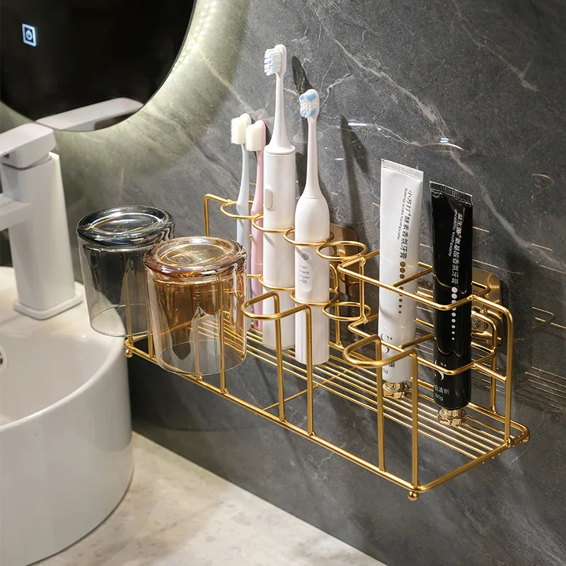 Luxury Gold Bathroom Storage Rack Iron Art Wall Mounted Toothbrush Holder Washroom Mouthwash Cup Organizer Bathroom Accessories