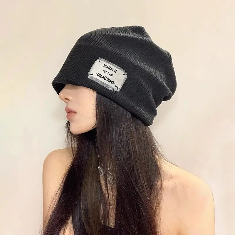 Solid Color Elastic Oversized Hat Spring Autumn Women Knitted Baggy Slouchy Beanie Punk Cloth Label Girl Hip Hop Cap