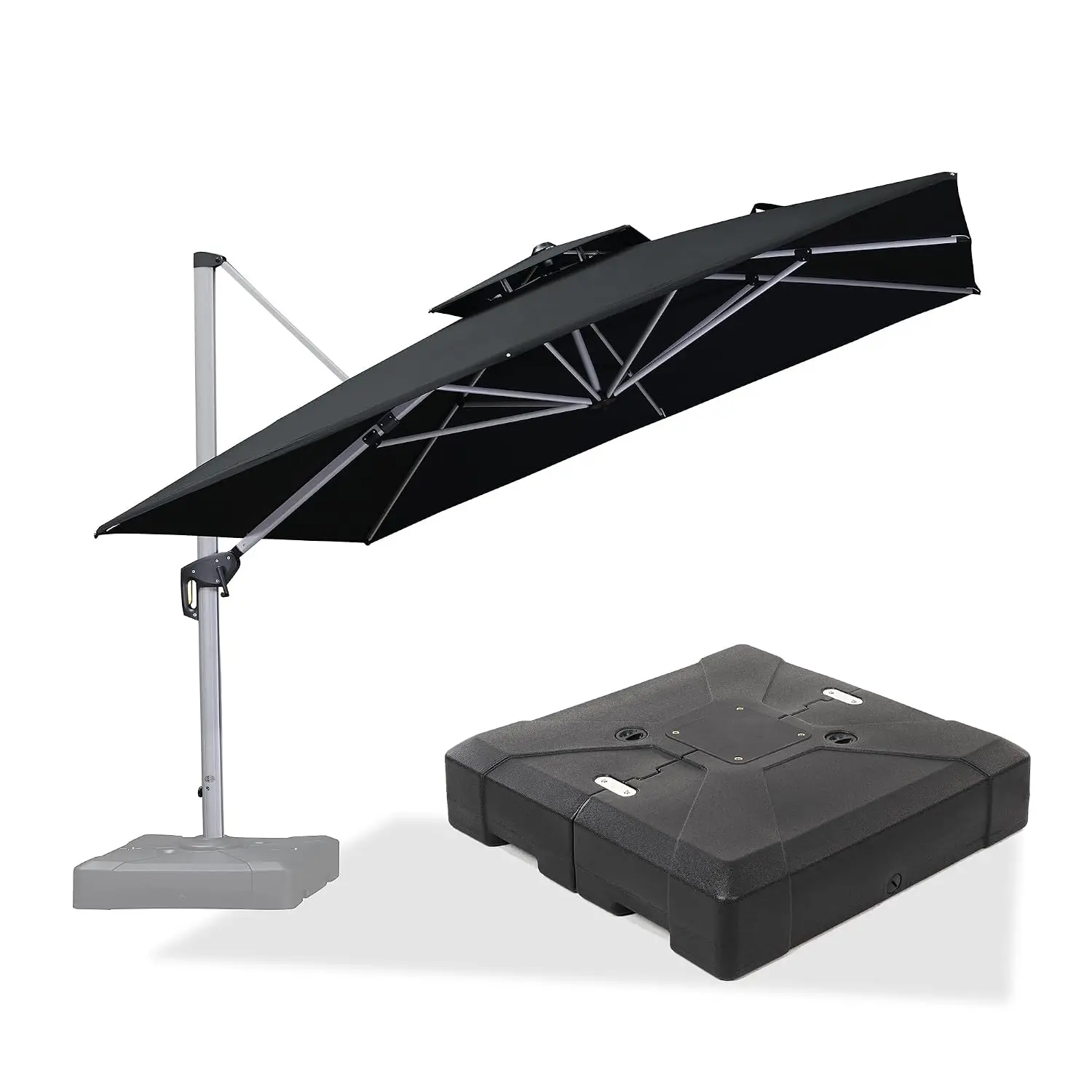 Cantilever Outdoor Umbrella 11' x 11' Large with Base, Black | 35MPH Wind-Resistant Frame, 3-Yr Fade-Resistant, Customized