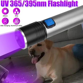 USB şarj edilebilir LED UV el feneri ultraviyole meşale Mini 365/395nm UV siyah ışık evcil hayvan idrar lekeleri dedektörü akrep avcılık