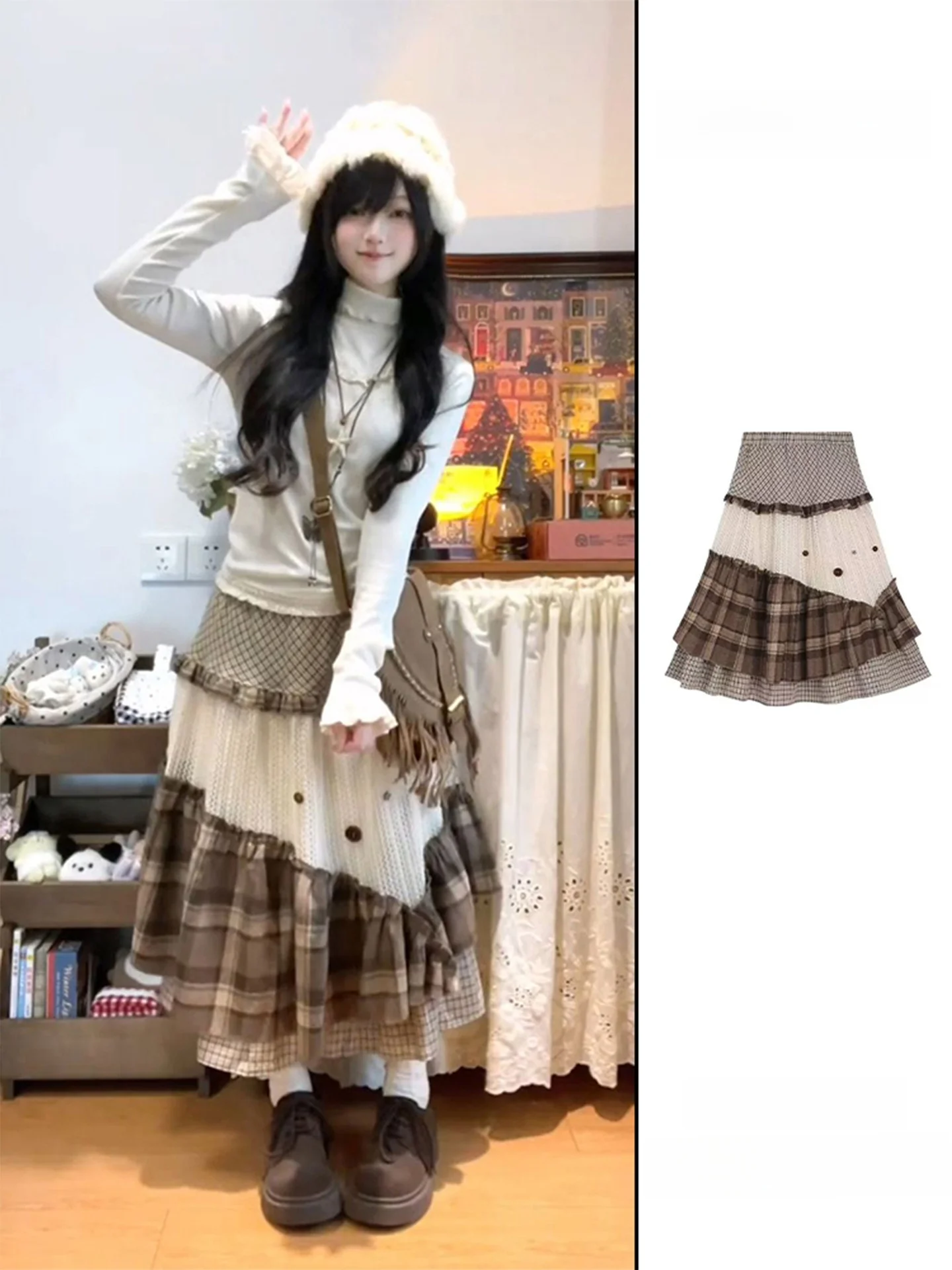 Retro Heavy Patchwork Asymmetrical Plaid High Waist Slim A-Line Long Skirt Women's Autumn Winter Holiday Style Half-length Sk...