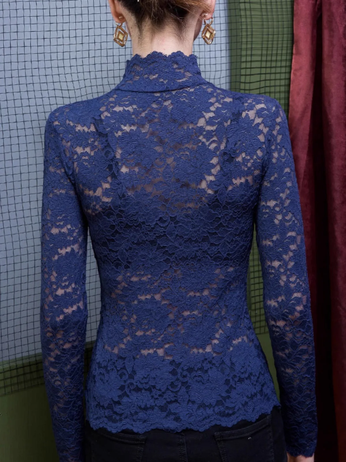 French High Neck Lace Blouse for Women, Spring and Summer Perspective Sexy Top, Winter Thick Long Sleeved Pullover Sweater