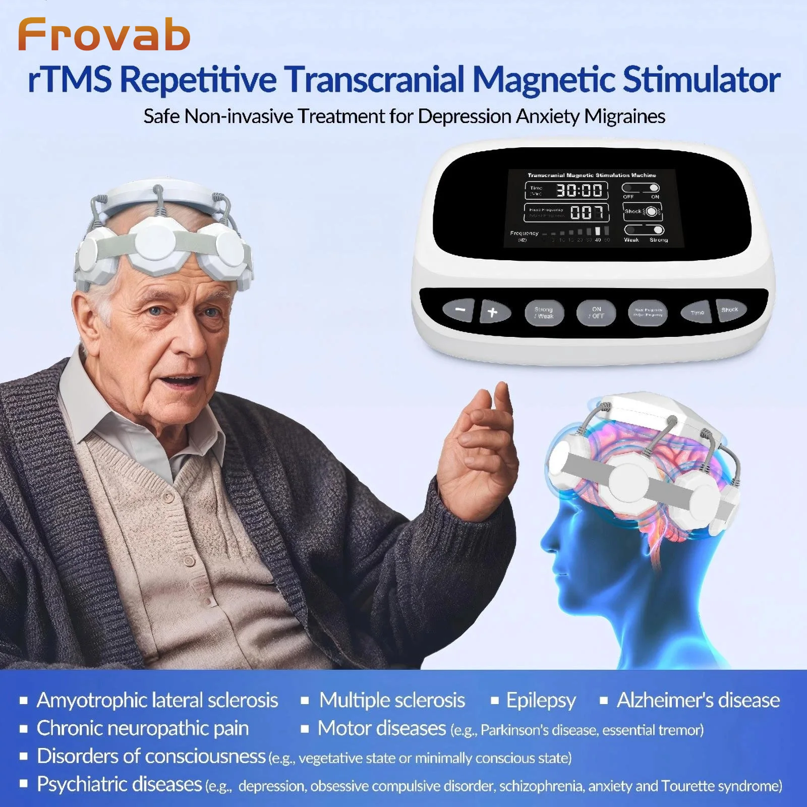 

Неинвазивный магнитный стимулятор мозга Frovab RTMS: безболезненное устройство для магнитной терапии при депрессии, тревоге и болезни Паркинсона