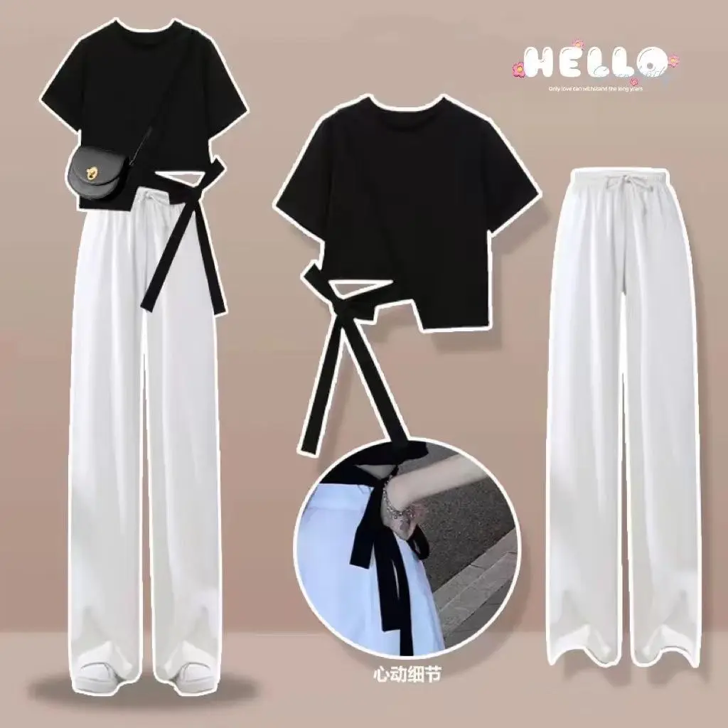 2023 Summer New Bow Tassel Short Sleeve T-shirt Casual Wide Leg Pants Two-piece Elegant Women\'s Pants Suit Street Outfits