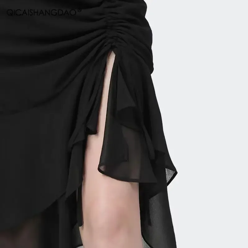 Summer New Chiffon Pleated High Waist Skirts Split Hem Lacing Solid Mid Length Hip Wrap Skirt Elegant Fashion Women Clothing