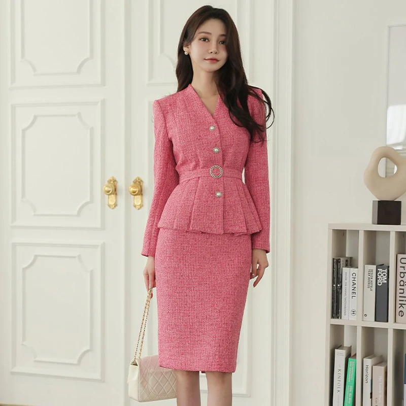 Luxury Fashion Women autunno inverno 2 pezzi Set coreano Tweed cintura di lana cappotto da lavoro rosa Outwear + matita Office Party gonne abiti