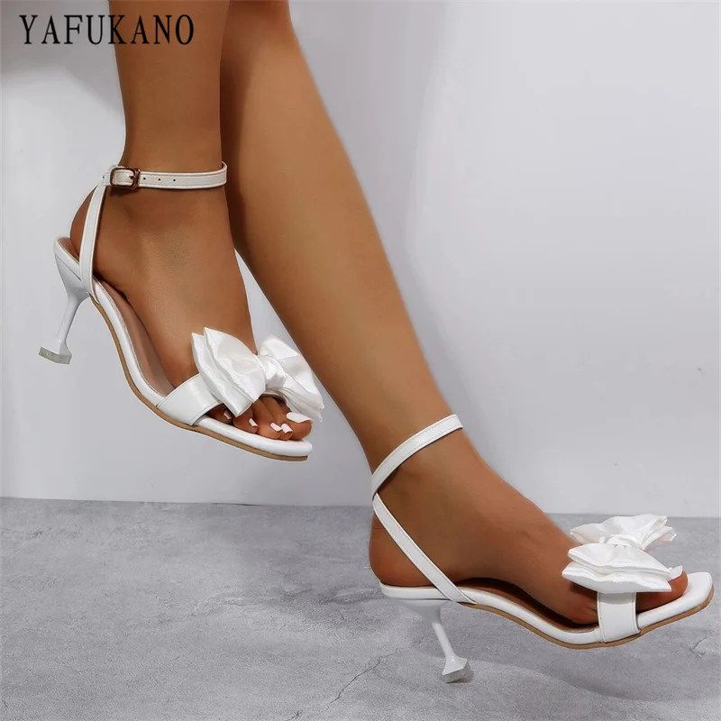 Bow Decor Pyramid Heeled Ankle Strap Sandals White Square Toe Party Wedding Shoes Open Toe High Heels Plus Size 44 45