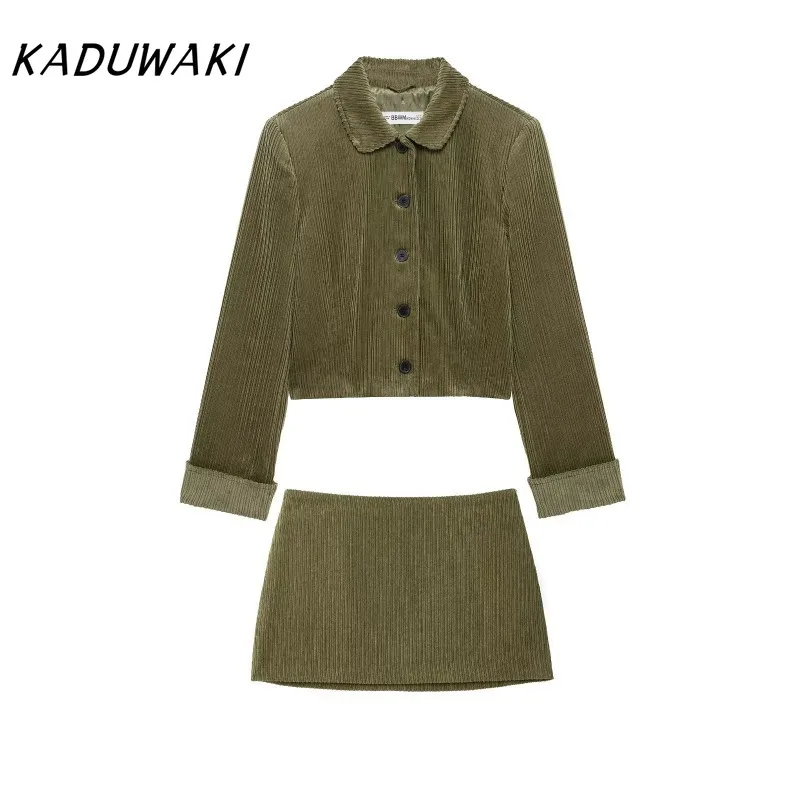 

KADUWAKI Spring Corduroy Jackets Mini Skirts Two-piece Set Women Elegant Solid Lapel Tops Suit Hip Package Skirt Female Outfits