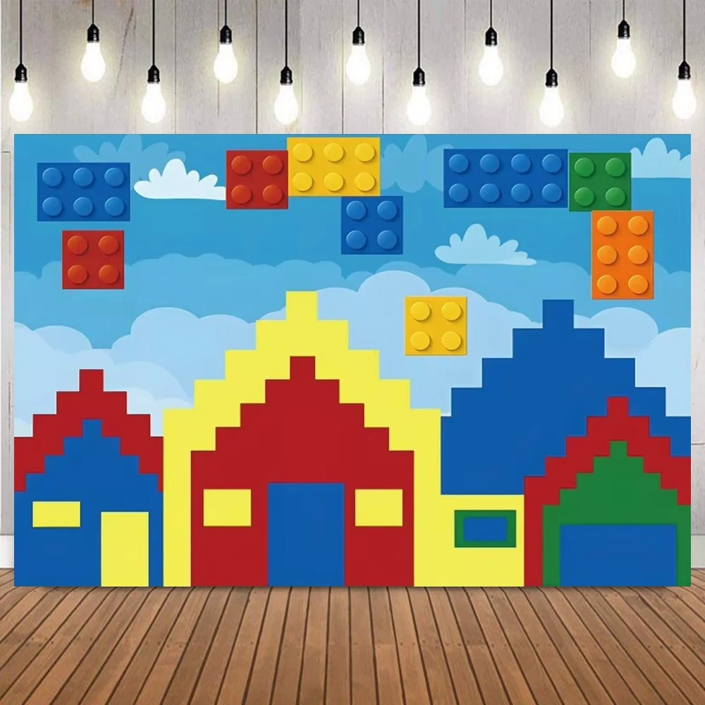 Colorful Building Blocks Photo Backdrop Happy Birthday Pixel Style Kid Birthday Party Home Decoration Photography Background