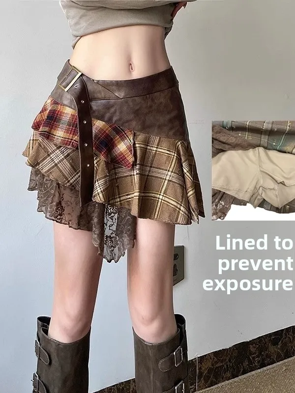 

Spicy Girl Aalyptic Sle College Mural Lace Patchwork Leather Skirt Retro Slimming Cisas f-Length Skirt