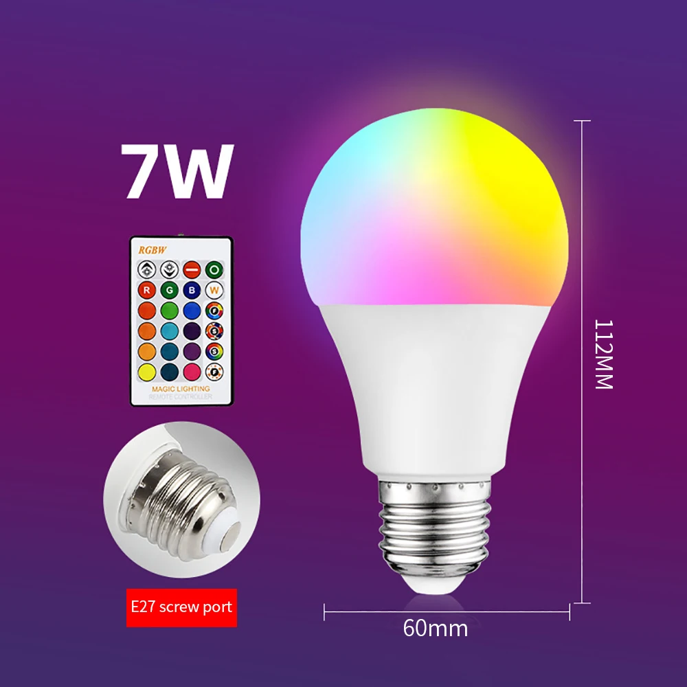 Adjustable 5W/7W/9W Smart Light Bulb E27 RGB LED Color Bulb Lamp 16-Color Dimmable Light Bulb Remote Control Color-Changing Bulb