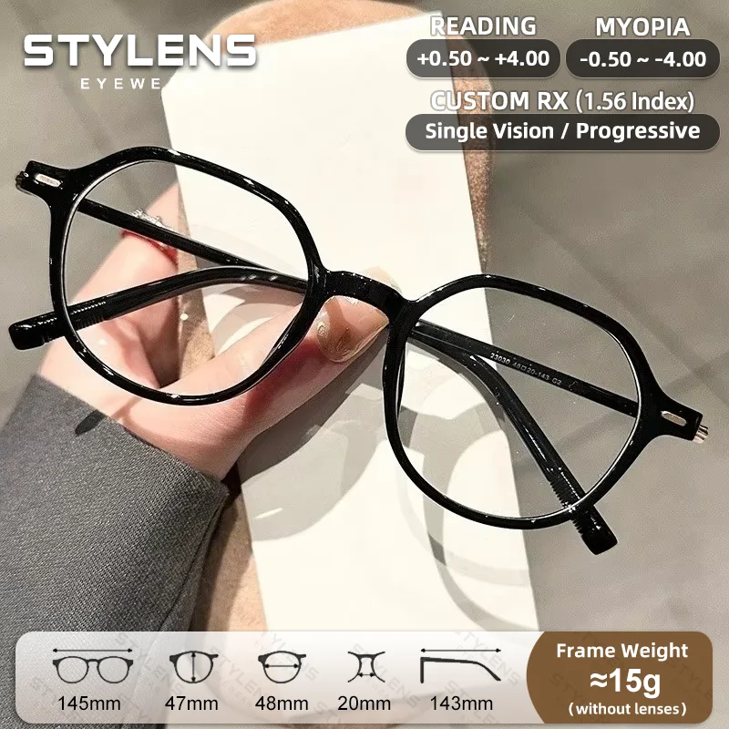 STYLENS Lunettes de lecture classiques à monture ronde pour femmes, anti-lumière bleue, lunettes de prescription progressives personnalisées, lunettes pour myopie