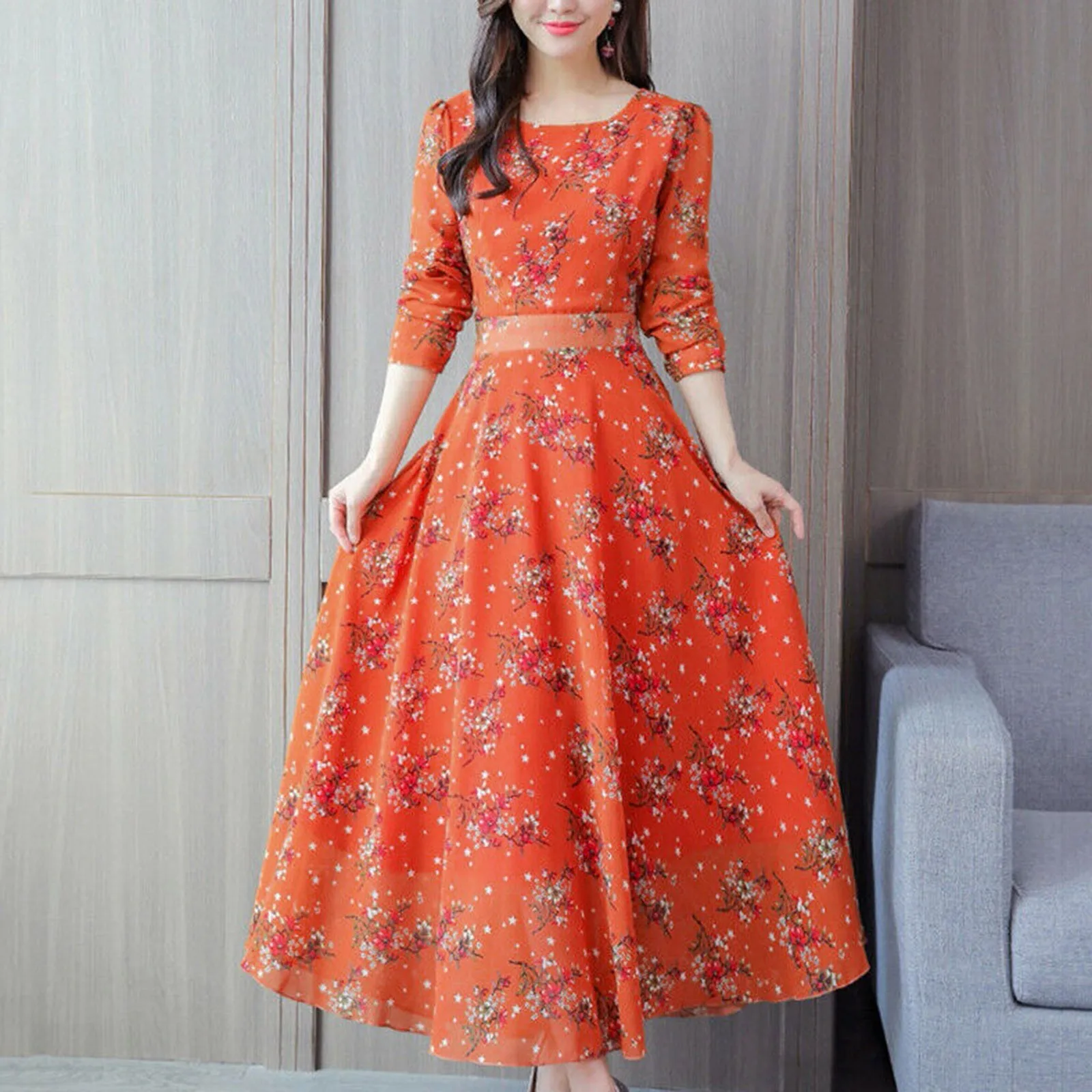 2024 Women's Casual Dress Elegant Female Loose Midi Dress Long Sleeve Floral Print Summer O Neck Dress 2024 Bohemia Clothing