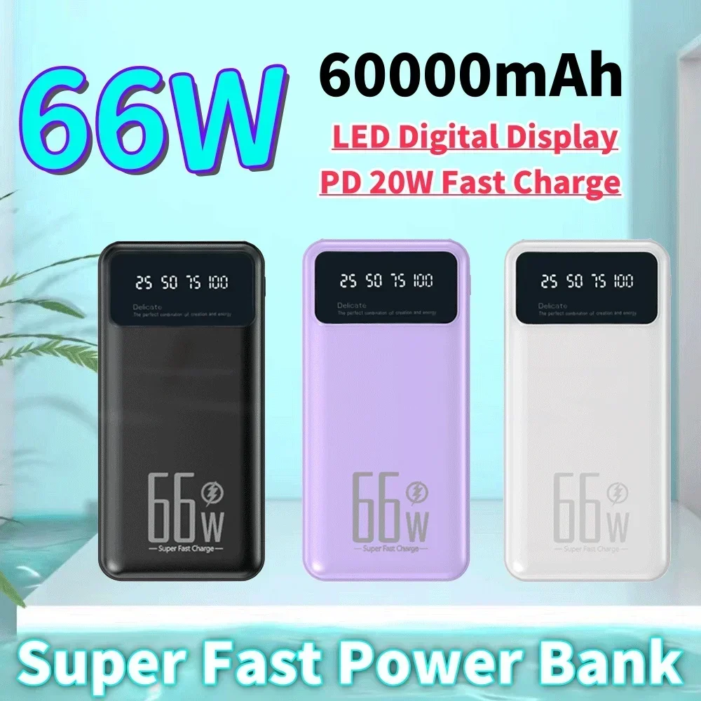 

2024 60000mAh Mobile Power Bank Super Fast Charging 66W For iPhone Samsung Huawei Portable EXternal Battery Charger Powerbank