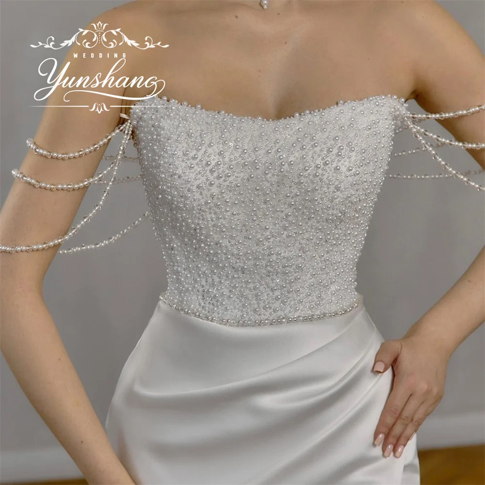 YunShang Customized Ruffles Backless Mermaid Wedding Dress Sweep Train Pearls Beading Stain High Split Off Shoudler 2025 Luxury