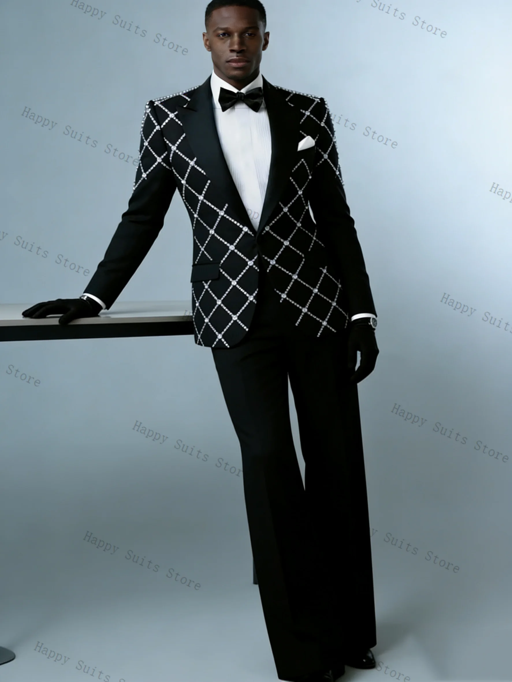 

Crystals Men Suit Set 2 Pcs Groom Black Blazer+Pants Trousers Luxury Formal Office Coat Wedding Tuxedo Customized Jacket Outfit