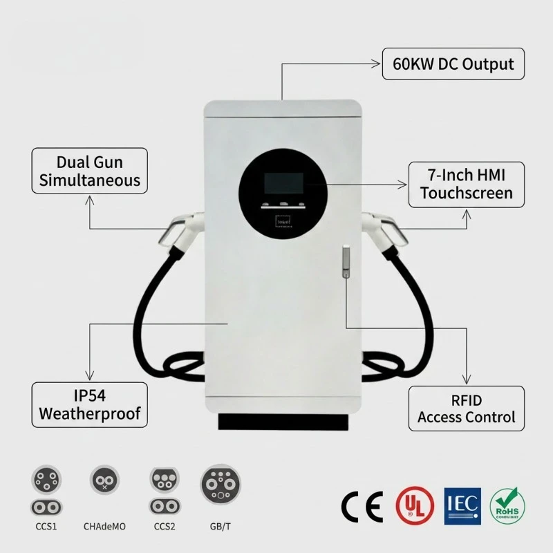 Customized 40KW 60KW GBT Dual Floor Standing DC EV Fast Charger 200-1000V China Standard OCPP 1.6J 4G RFID IP54 EV Charging Stat