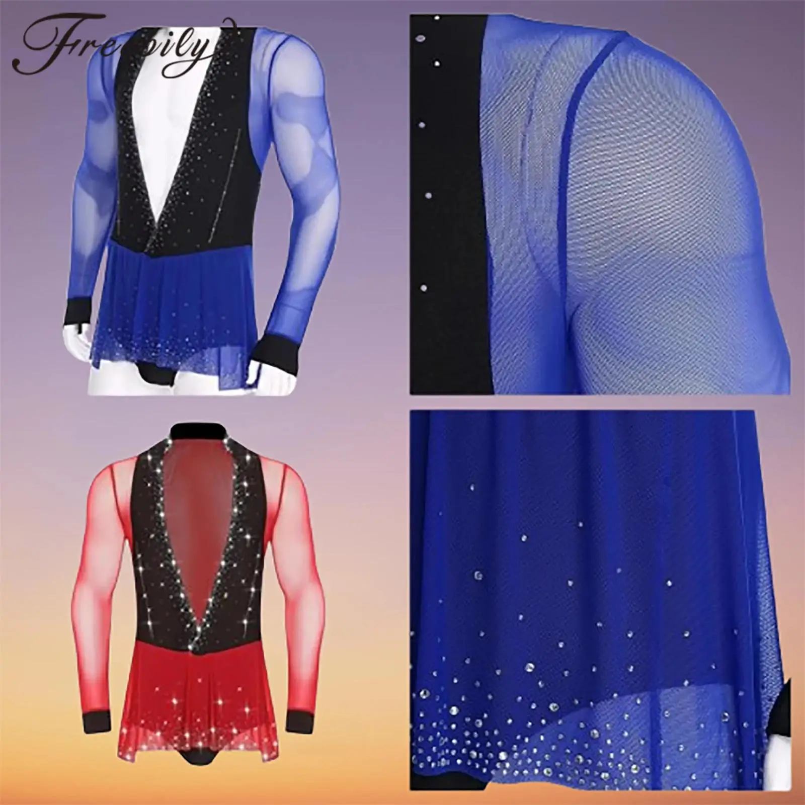 

Мужской прозрачный сетчатый боди для латинских танцев, комбинезон для акробатики, гимнастики, чача, катание на коньках, сальса, самба, трико с баской, топы с длинными рукавами