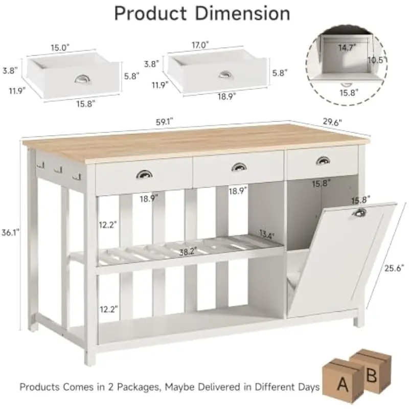 59.1 inch white kitchen island with solid rubberwood top engineered wood frame two open shelves three drawers five hooks tilt-ou