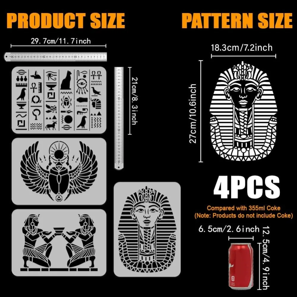 4 Pcs Egypt Painting Stencil Set - 8.3x11.7inch Egyptian Writing Pharaoh Scarab Face Cover Eye of Horus for DIY Fabric Furniture