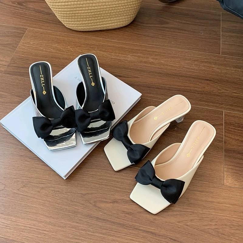 Women Crystal Clear Block Heel Slippers Fashion Bowknot Square Toe Slide Sandals Summer Outdoor Party Dress Ladies Mules Beach C
