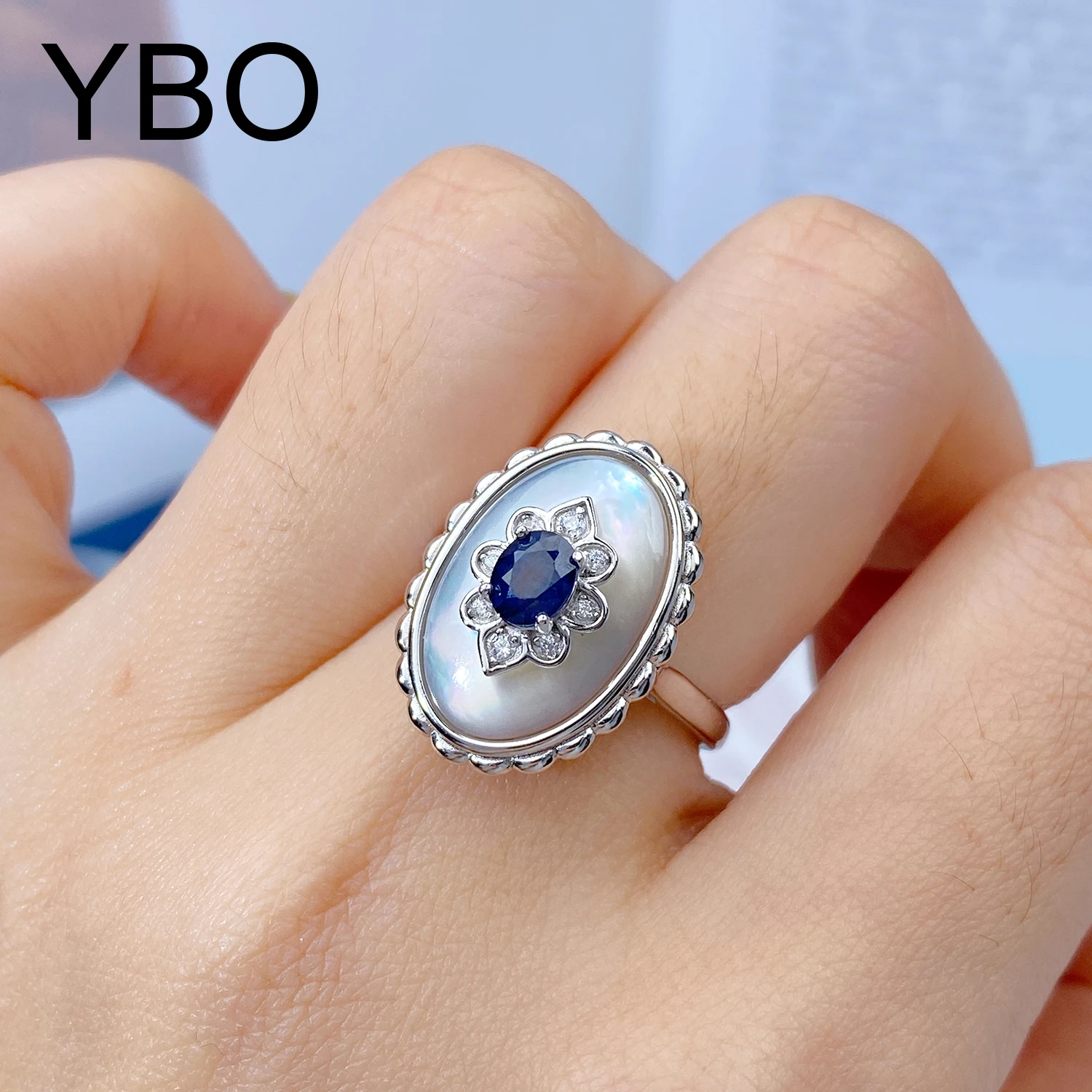 

YBO Natural Gemstones Sapphire Zircon Rings For Women Luxury Jewelry Adjustable 925 Sterling Silver Flower Ring Party Engagement