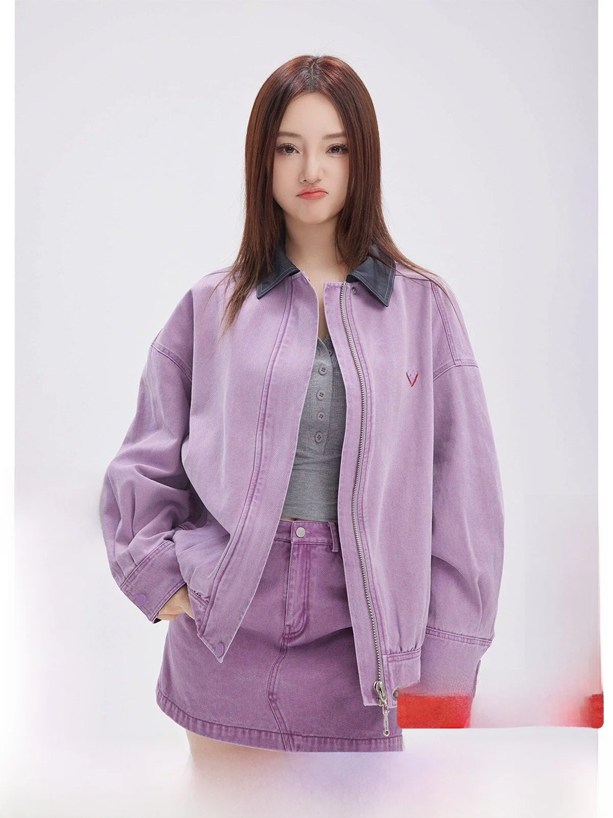 

Fashionable Casual Sporty Versatile Lulusmiracle Purple Perilla Spring Autumn Denim Jacket Loose Fit Cotton Long Sleeve Zipper