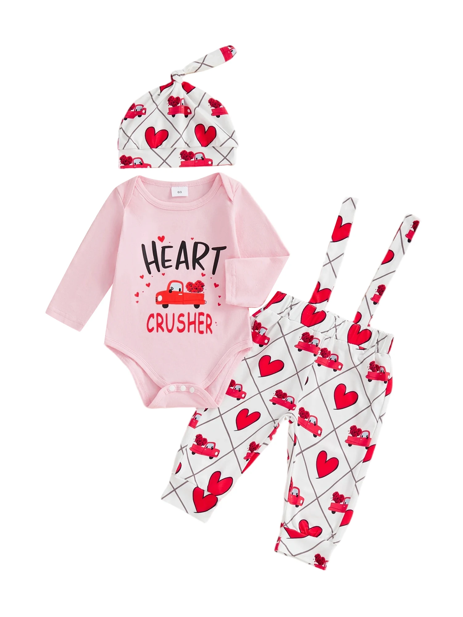 

Toddler Girls Valentine s Day Outfit Long Sleeve Heart Print Romper Car Print Pants Headband Set O Neck Letter Print Jumpsuit