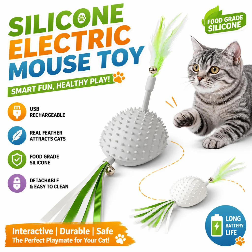 Silicone Mouse Electric Toy USB Charging Removable Feather Food Grade Silicone Mouse Pet Toy