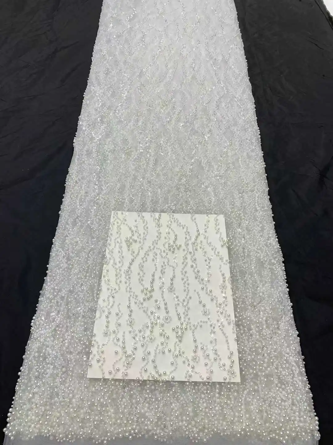   قماش دانتيل فرنسي 2025 تول عالي الجودة خرز لؤلؤ دانتيل 5 ياردات دانتيل شبكي ترتر أفريقي فاخر للنساء فساتين سهرة