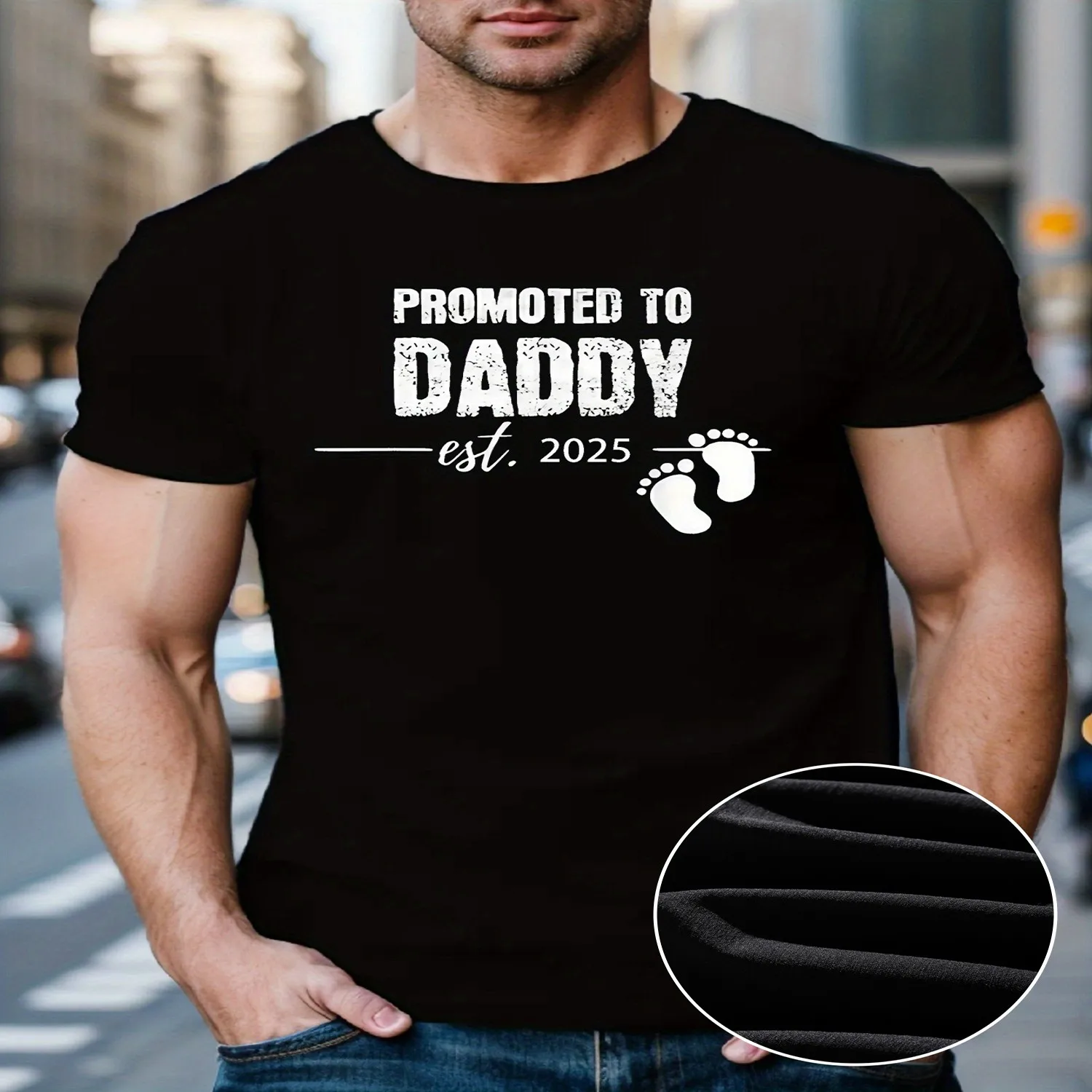 Men'S _Promoted to Daddy_ 2025 Casual T-Shirt, 100 Polyester Crew Neck Short Sleeve Top, Geometric Pattern, Slight Stretch Knit Fabric, Regular Fit, Summer Wear - 150gsm Gift for him, Retro graphic tee