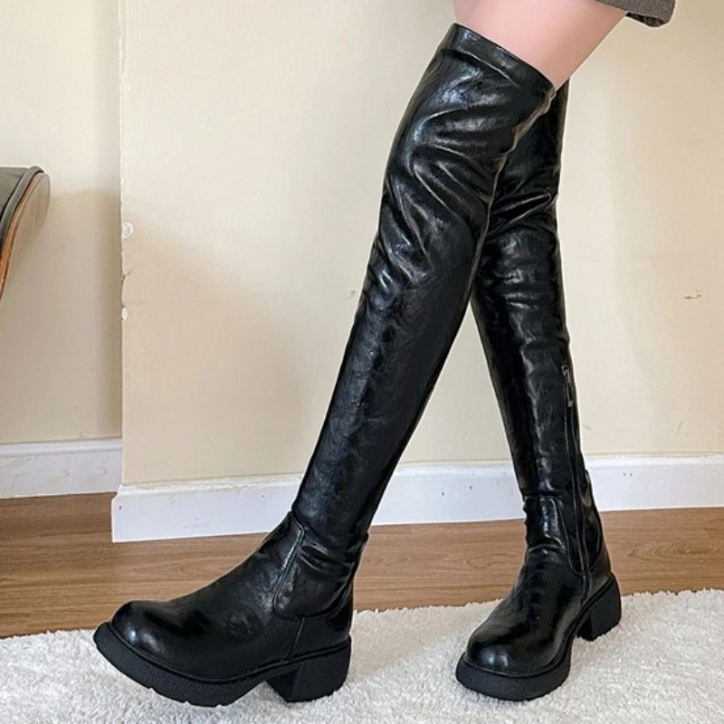 

Сапоги выше колена в стиле панк, 2025 г., черные, коричневые, женские зимние теплые зимние ботинки на меху, обувь на платформе, водонепроницаемая модная обувь