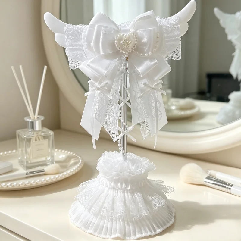 Diy New Kawaii Angel Wings Headphone Stand White Lace Bow Pearl Heart Decor Lolita Style Headset Holder Desktop Decoration