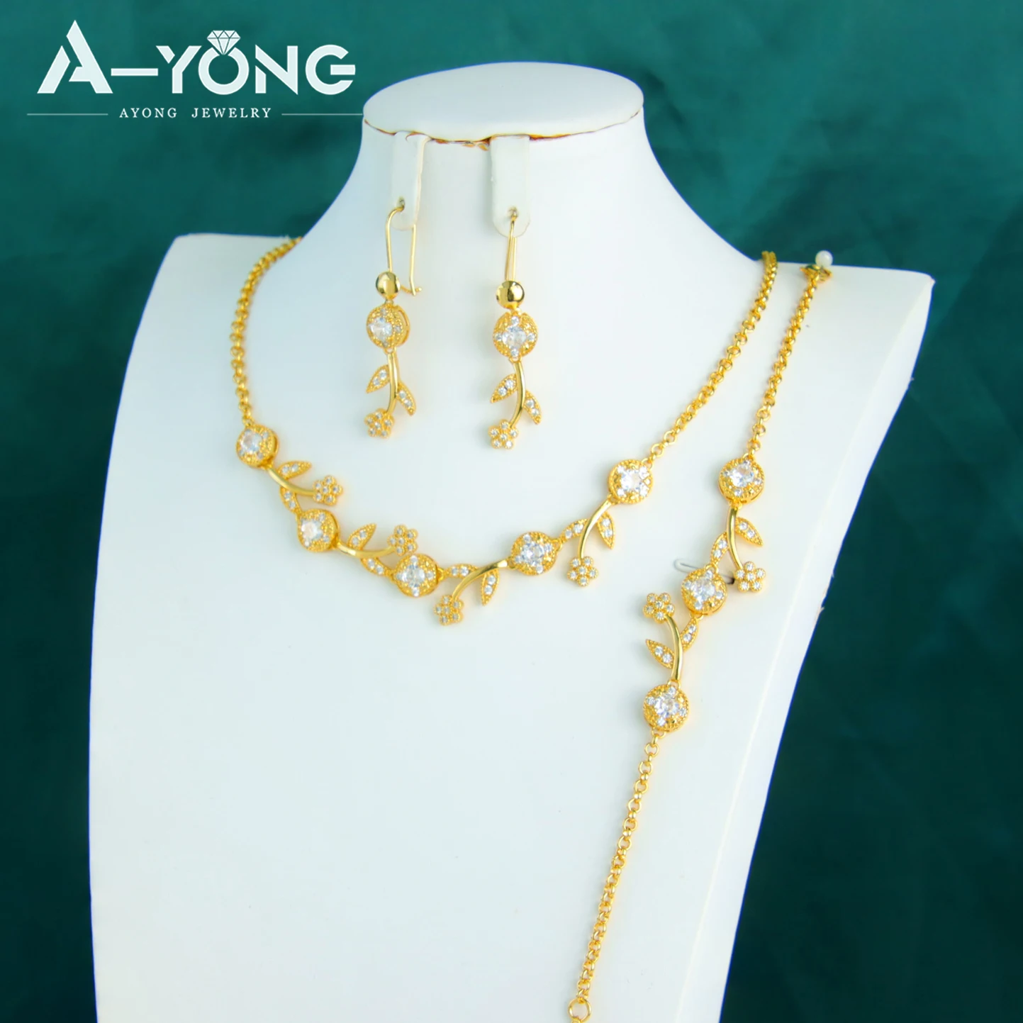 Luxus Brasilianisches Gold Zirkonia Schmuckset 21k vergoldet Nigeria Braut Hochzeit Halskette Marokkanische Frauen Vintage Heiraten Schmuck – Detail 9