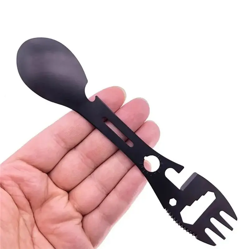 A85M في الهواء الطلق متعددة الوظائف الفولاذ المقاوم للصدأ 5 في 1 أداة مجموعة شوكة ملعقة يمكن فتاحة وجع عدة التخييم والعتاد أدوات إنقاذ #3