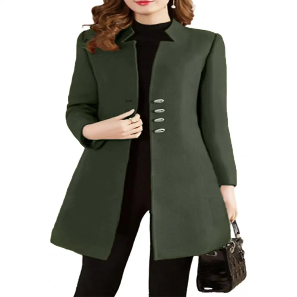 

Women Autumn Winter Mid-length Woolen Coat Notched Collar Long Sleeve Single-breasted Slim Fit Female Outerwear Solid Color Coat