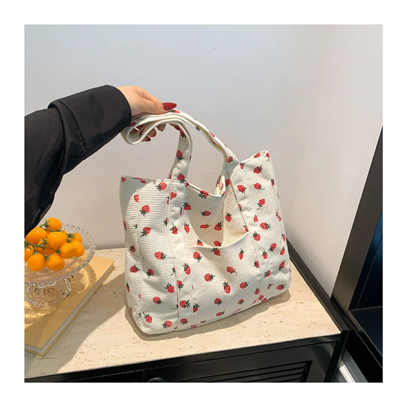 

Corduroy Handbag Strawberries Beach Bag Travel Fashionable Versatile Shoulder Bag LargeCapacity Simple Commuter Women's Tote Bag