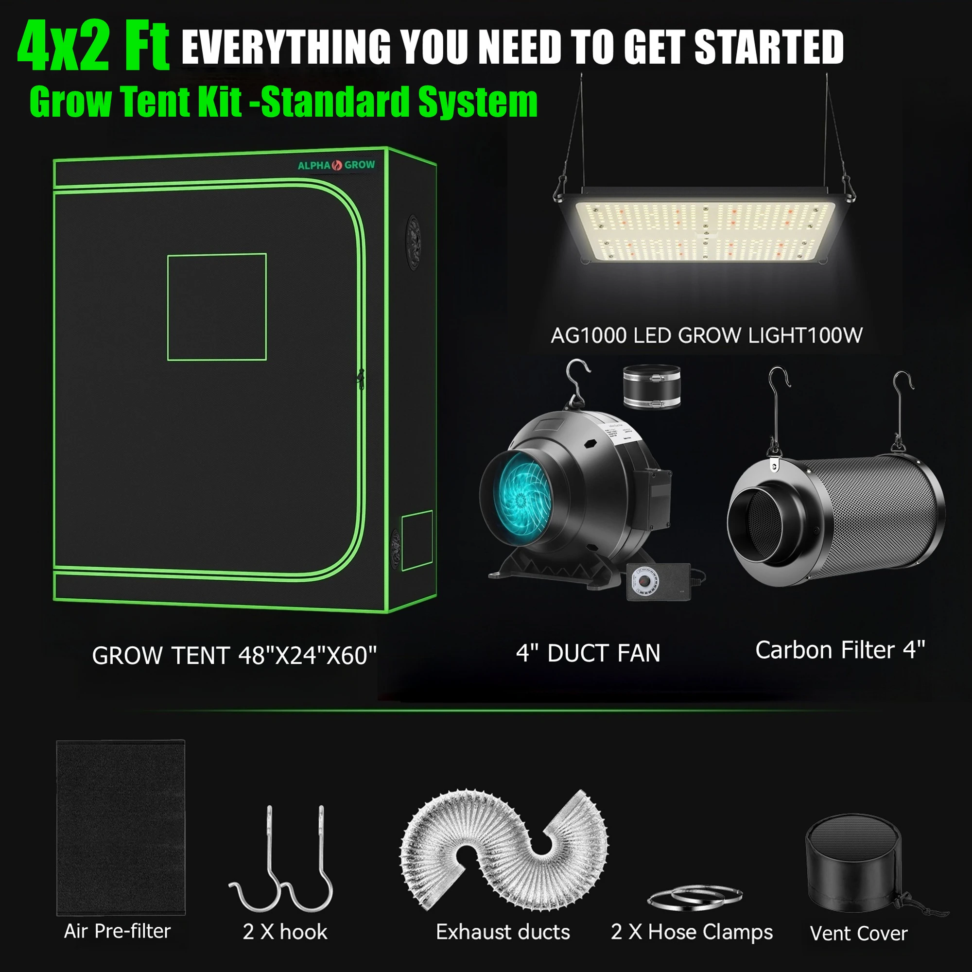 ALPHAGROW 4x2フィート グロウテントキット コン - Carbon Filter Inline のレビューと価格