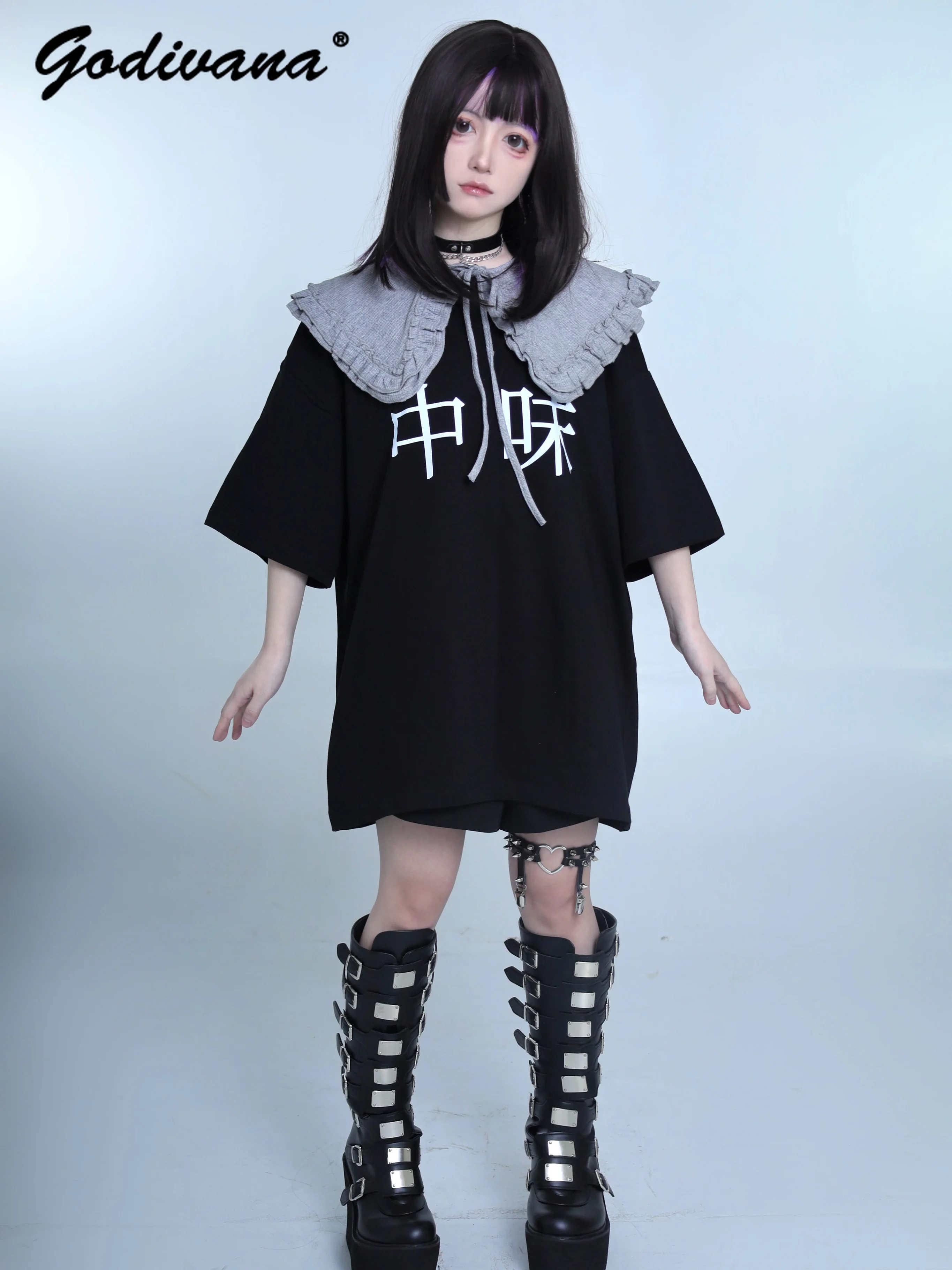 

Subculture Mine Series Black Pure Cotton T-shirt Gothic New Summer Detchable Collar Women Cool Girls Oversized Tee Casual Top