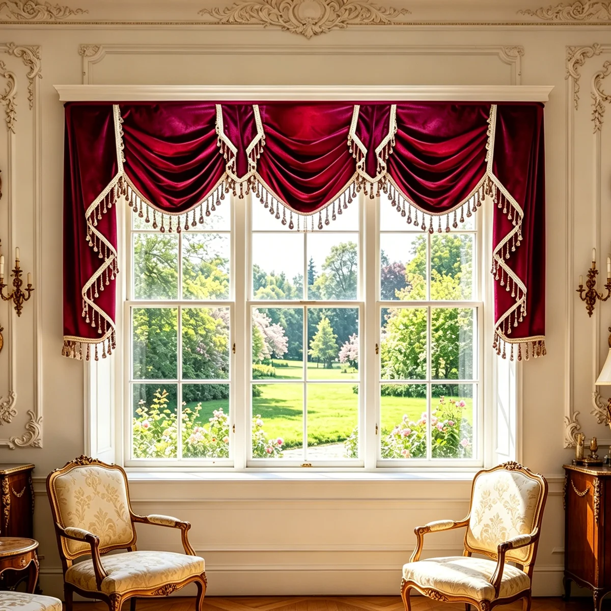 Solid Burgundy Velvet Swag Valance with Bead Tassels & Side Panels, Luxury European Decor Window Header for Living Bedroom