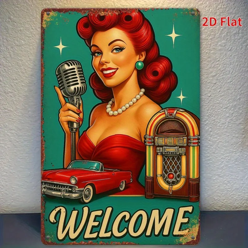 1pc Vintage Welcome Metal Iron Sign - Retro 1950s Pin-Up Girl With Microphone, Red Car & Jukebox Design - Durable 2D Flat Print