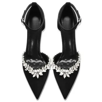 2024 new style pointed toe sandals for women with rhinestone chain Hollow single shoes suede high heels
