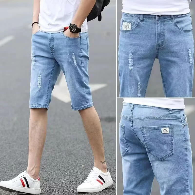 

Fashion Men Daily Simplicity Knee-Length Denim Shorts Male Summer Lightweight Comfortable Breathable Jeans Loose Straight Shorts