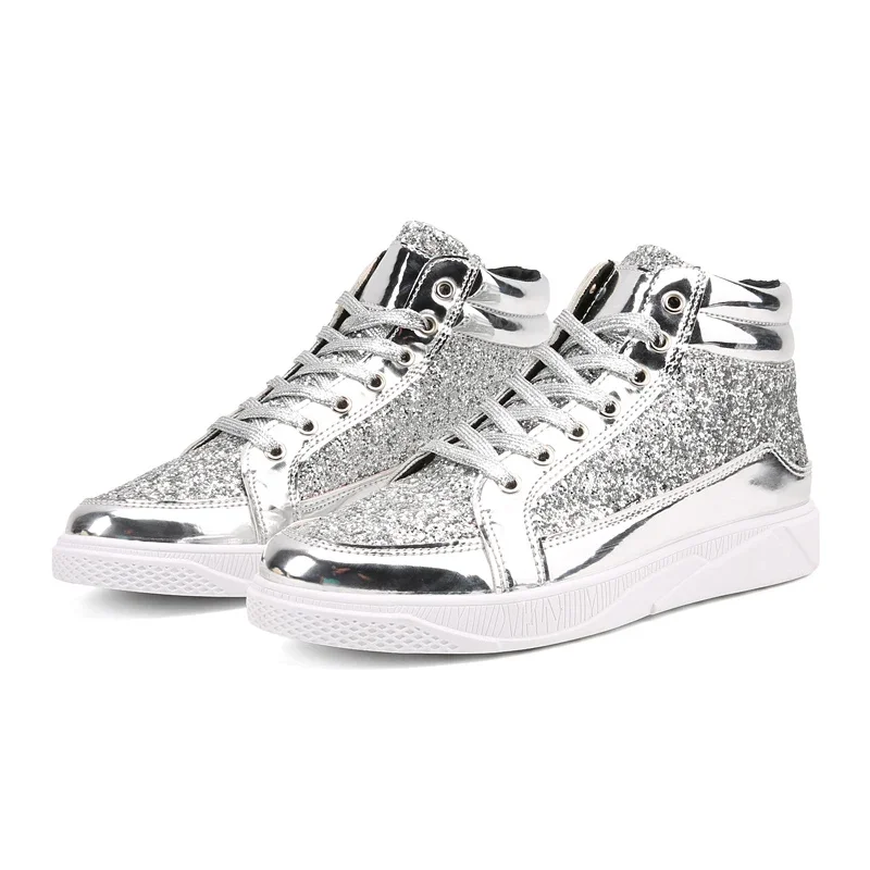 Baskets Hip Hop High Top pour hommes, miroir doré brillant, chaussures à paillettes, streetwear décontracté, club et bar, mode chaude