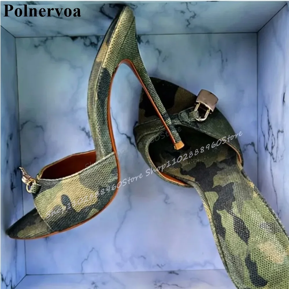 

Mosaic Color Metal Lock Decor Slippers Thin High Heel Shoes For Women Slip On Open Toe 2025 Fashionable Zapatos Para Mujere