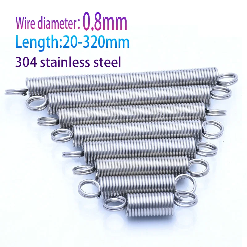 304 Stainless Steel Pull Spring Double Loop Closed Hook Stretch Spring, Wire Dia 0.8mm, Outer Dia 6/7/8/10mm, Length 20-300mm