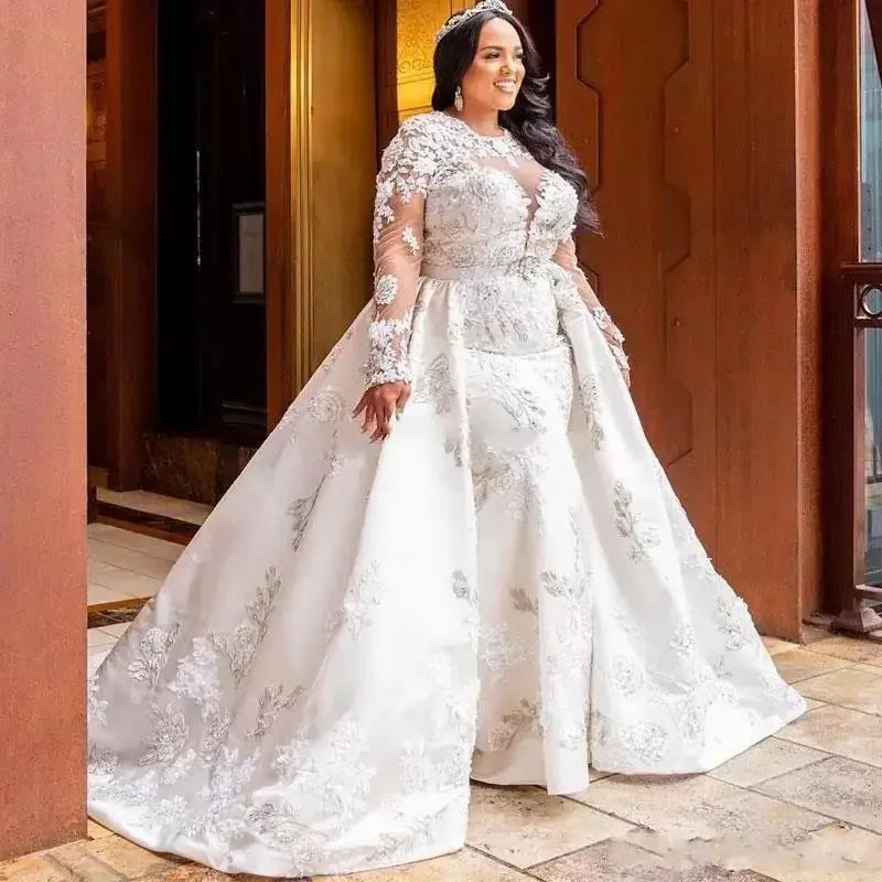 Customized Plus Size Mermaid Lace Wedding Dresses With Detachable Train Jewel Neck Beaded Long Sleeves Bridal Gowns Tulle Vestid